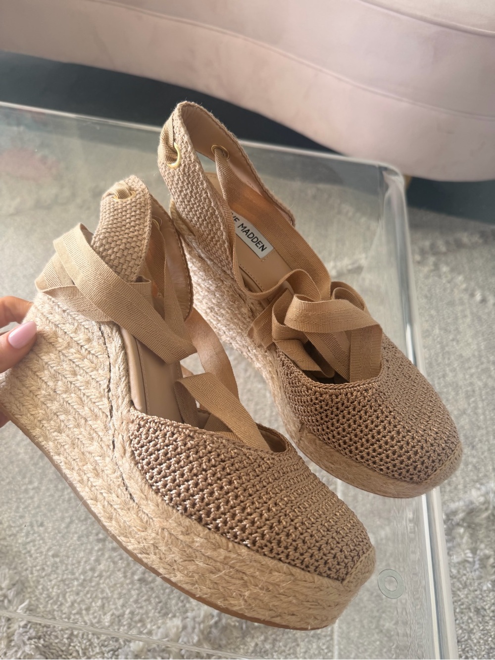 Steve Madden Tan Woven Espadrille Wedge with Lace-Up Ties